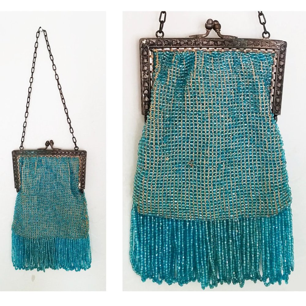 RARE Antique Vintage 20s Purse Beaded Purse Micro Beads Aquamarine